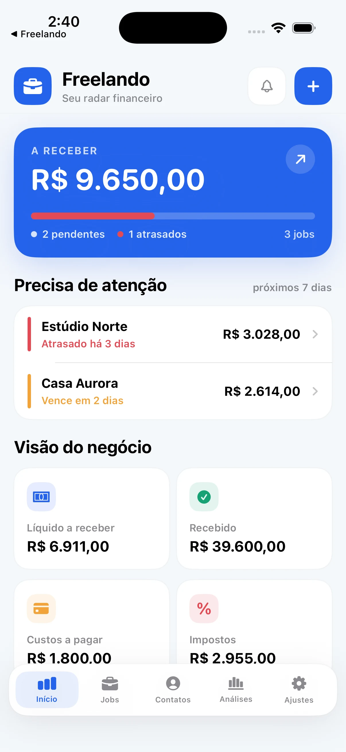 Dashboard do Freelando com valores a receber, prazos e visão financeira do negócio.